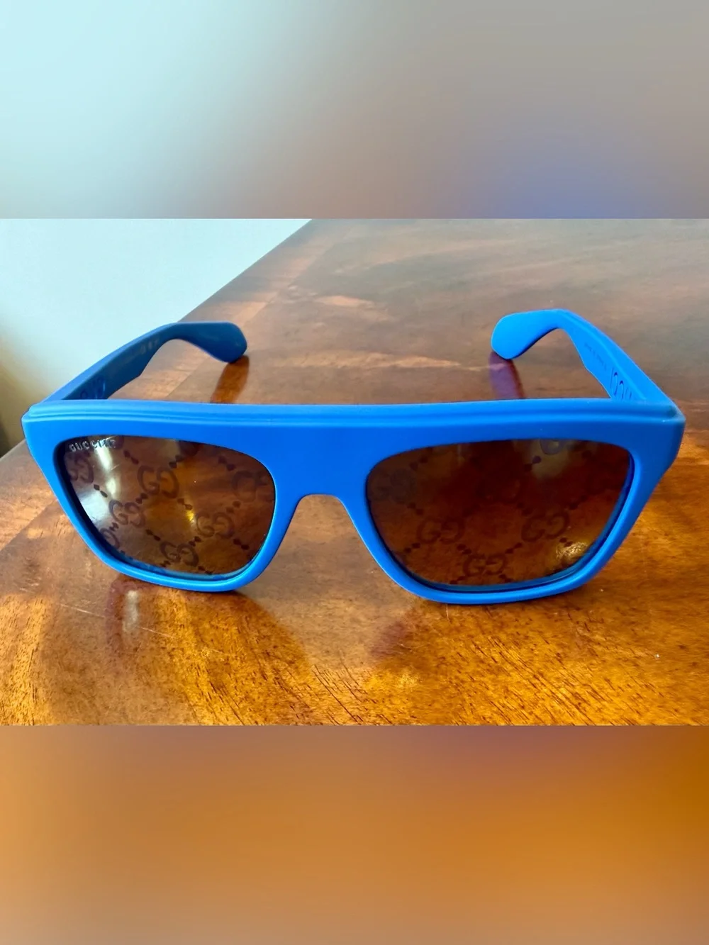 New Unisex GUCCI GG1570S FLAT TOP SUNGLASSES IN BLUE LOGO MIRROR